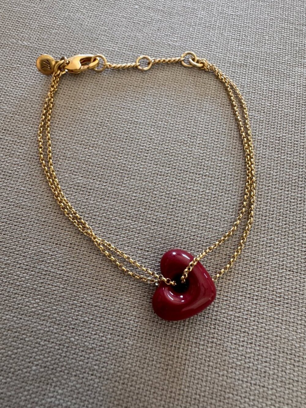 Madewell Gold Double Chain Bracelet Burgundy Red Heart Charm
